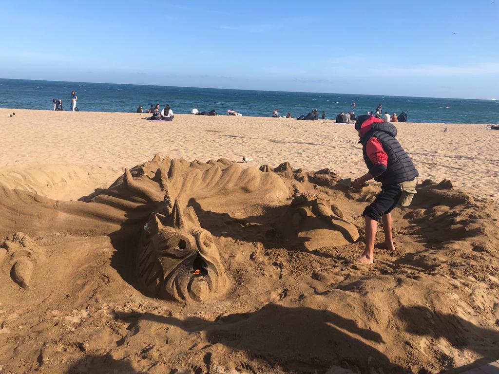 dragon sand sculpture on Barceloneta beach