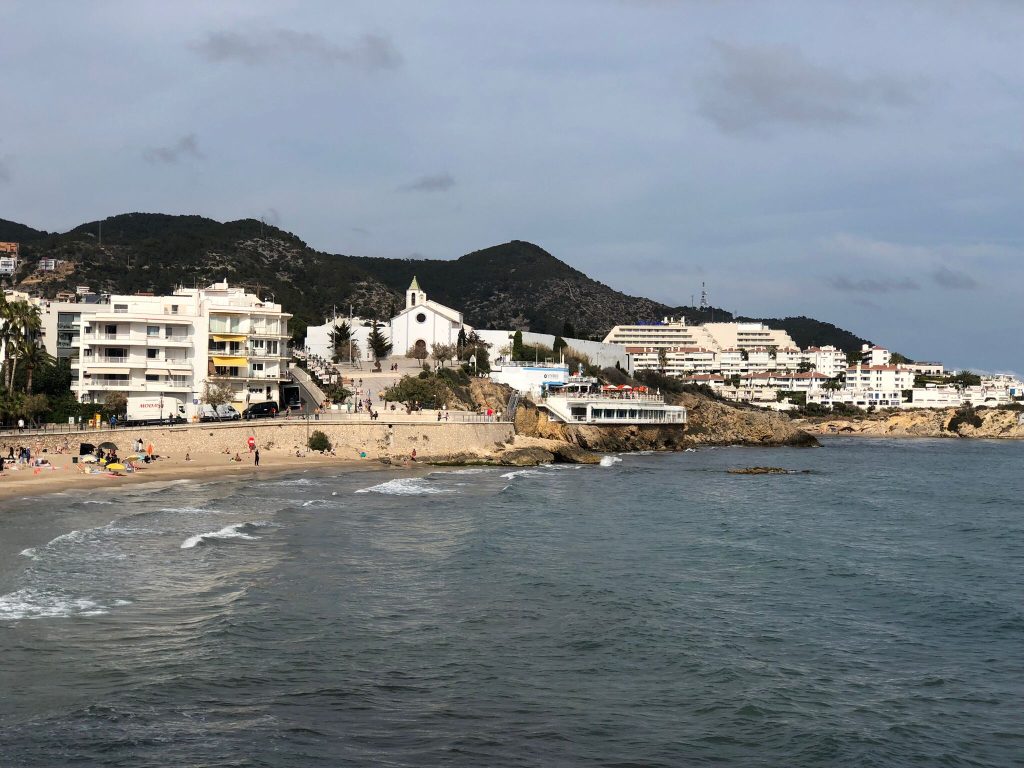 Sitges seafront looking towards the church of St Bartomeu i Santa Tecla