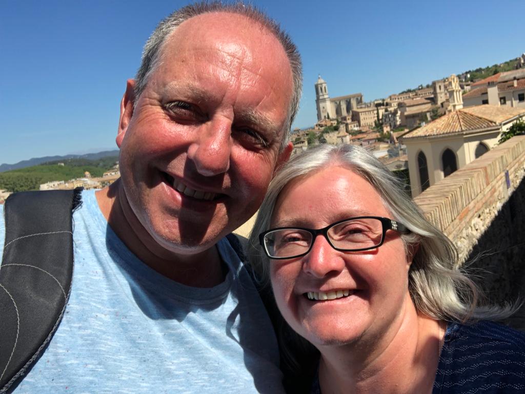 on the walls in Girona with the cathedral behind us